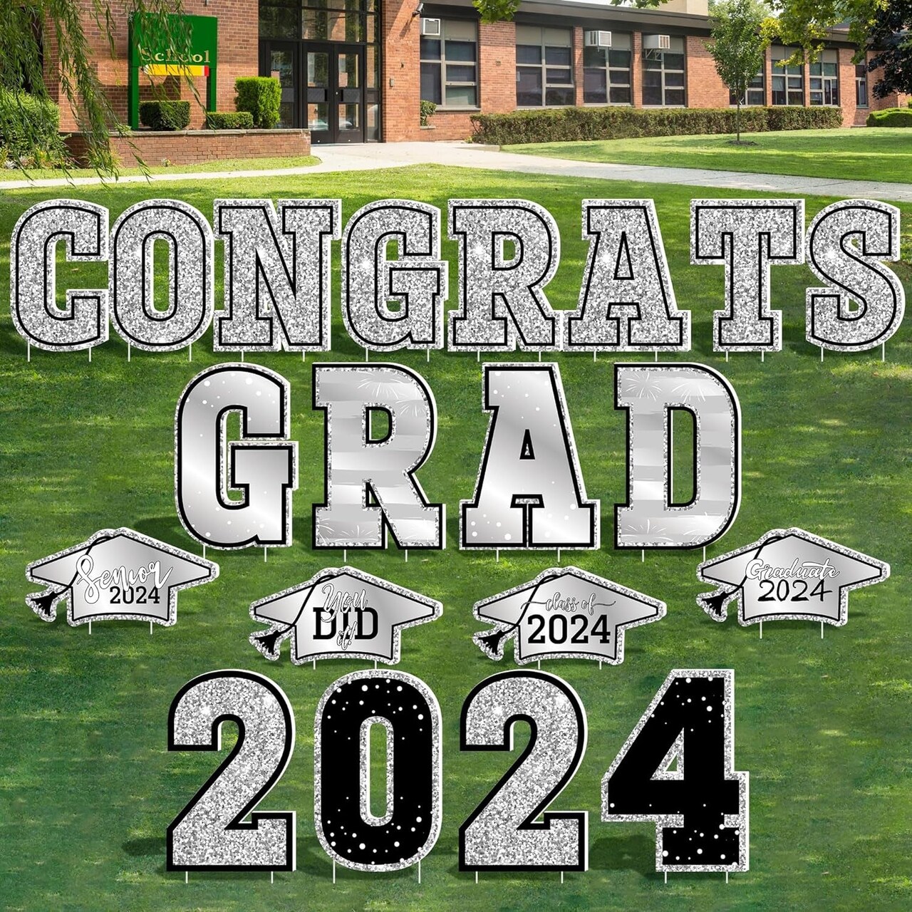 Graduation Yard Signs, 20 PCS Black Gold Congrats Grad Lawn Stakes, Class of 2024 Yard Signs with Stakes, Graduation Party Decorations Outdoor, Waterproof GRAD Yard Decor for College High School